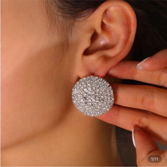 New! Anthropologie Silver Rhinestone Round Statement Earrings NWOT - Picture 1 of 3